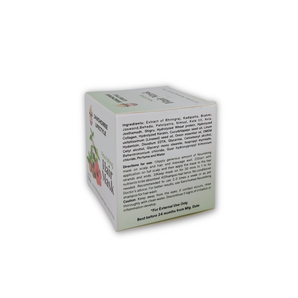 Box of hair mask with text on a white background