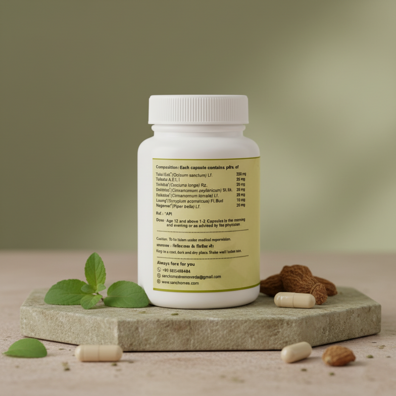Ayurvedic Tulsi Capsules with Haridra & Trikatu – Natural Stress Relief