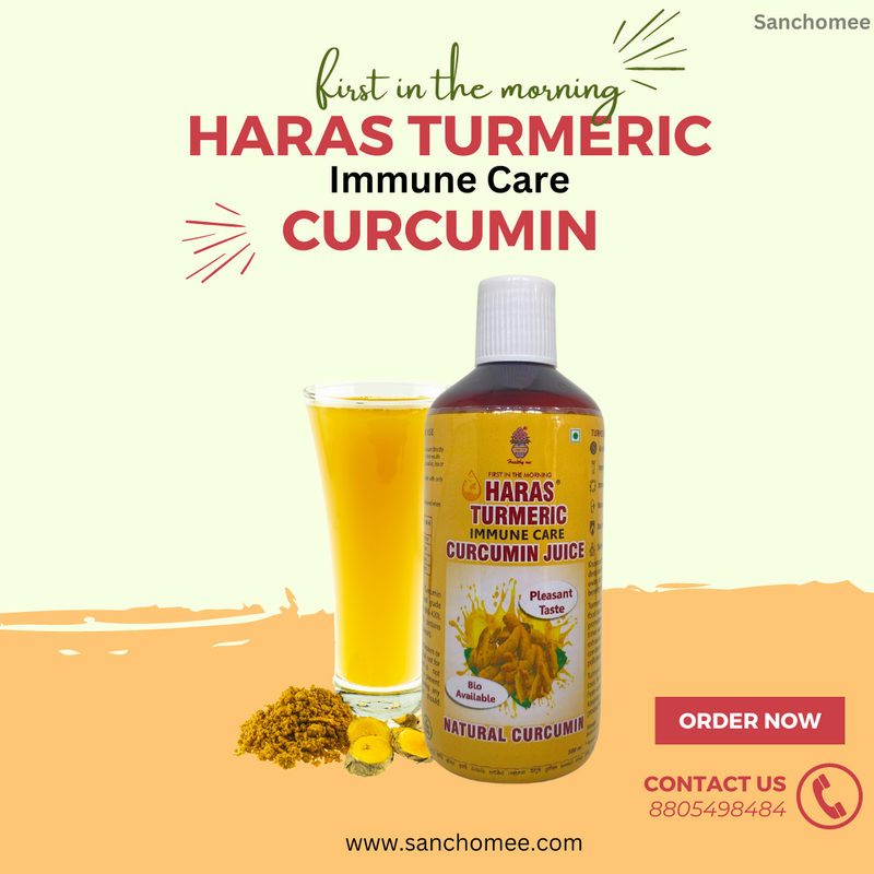 A glass of Haras turmeric juice with the caption "Boost your immunity with Haras turmeric juice"