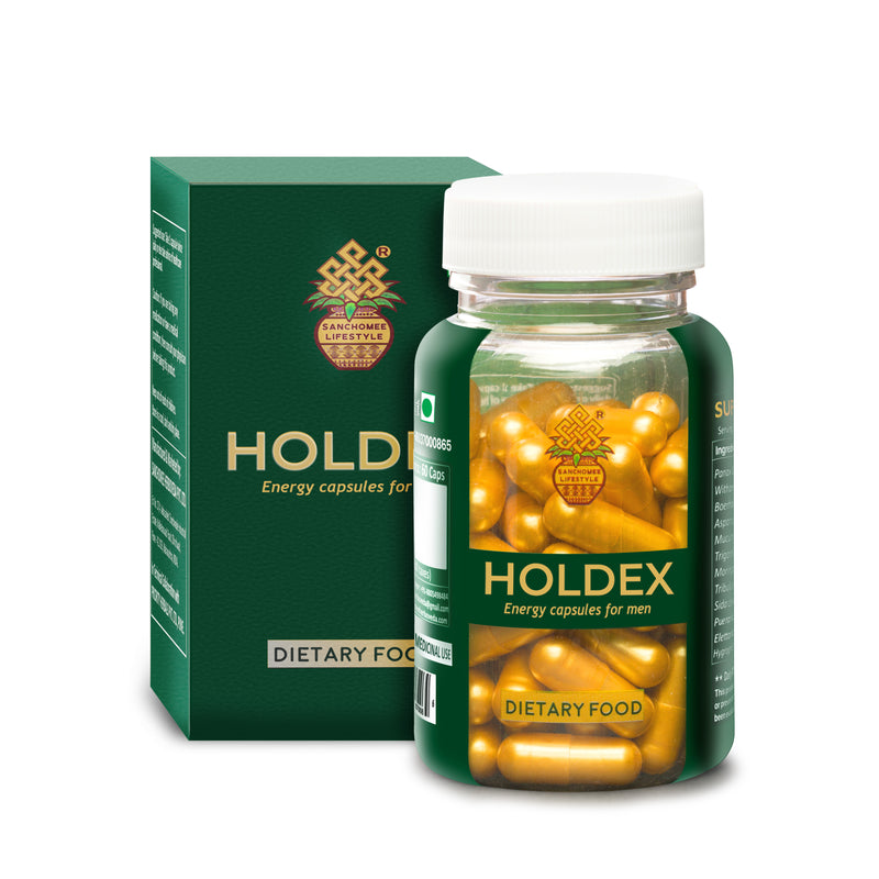 Image of Sanchomee Holdex Capsules for Men, featuring a green packaging box with a close-up of golden capsules inside