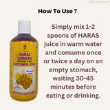A Haras turmeric juice bottle with a caption "Easy to use - just take 1-2 spoons of Haras turmeric juice daily"