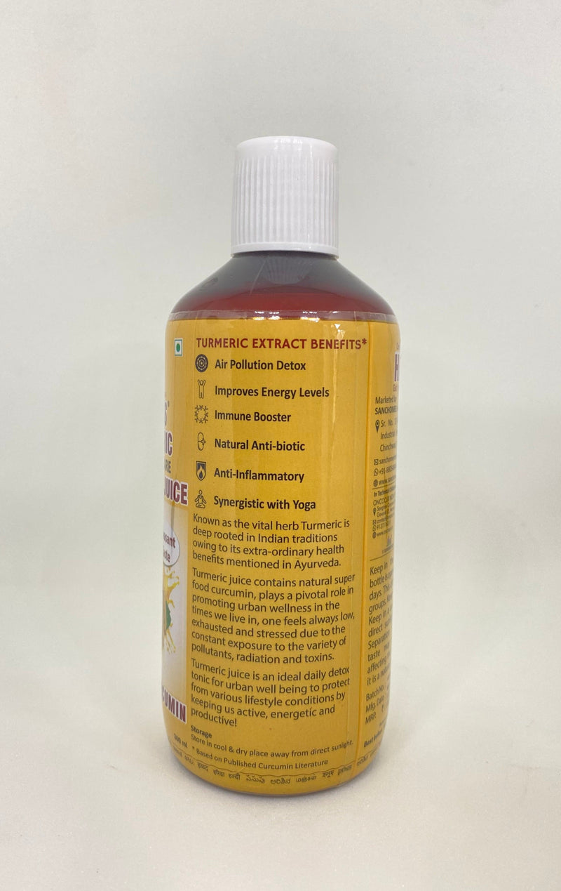 A close-up shot of the Haras turmeric juice bottle with the label clearly visible